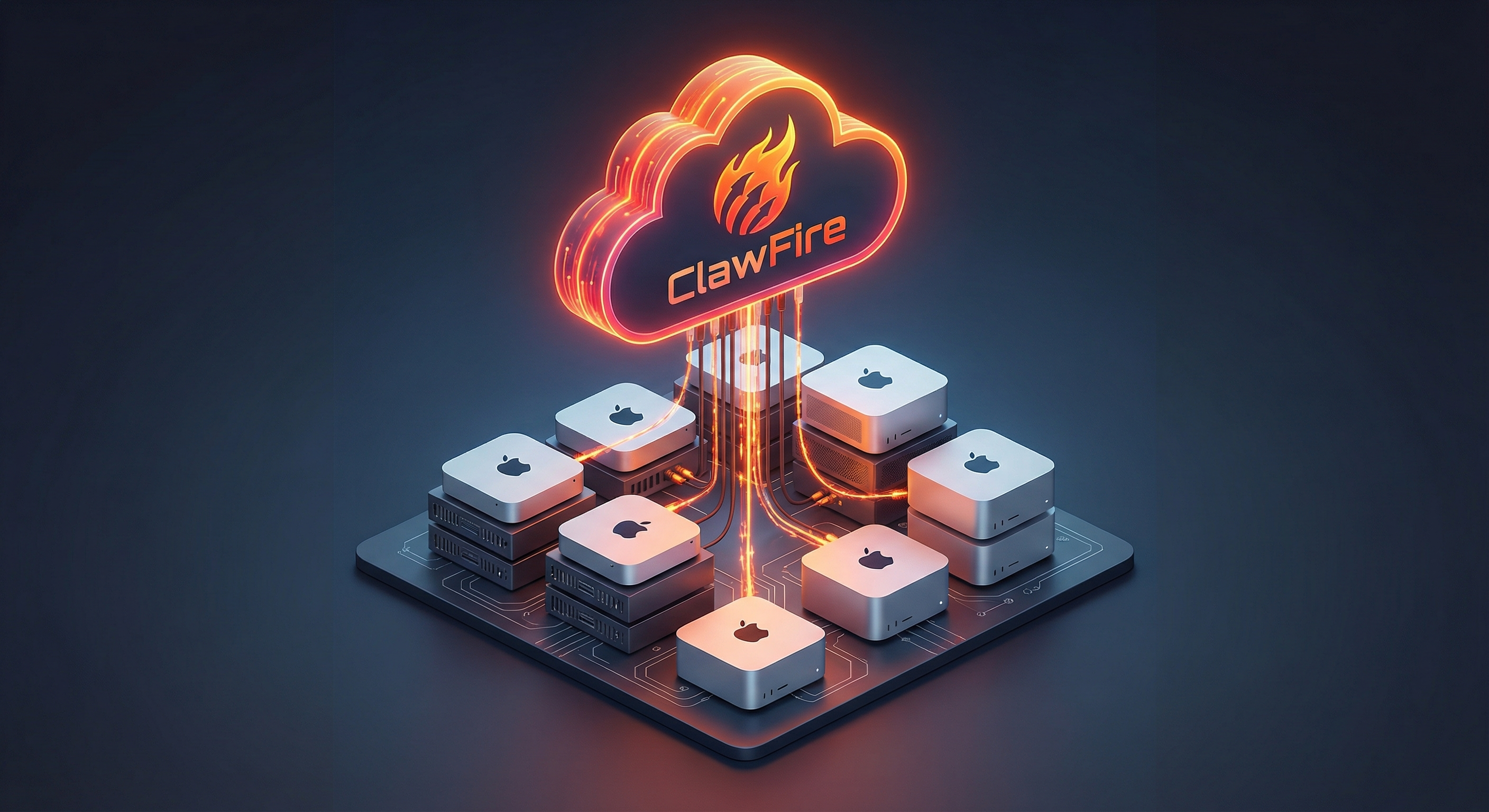 ClawFire cloud platform connected to a fleet of Mac devices